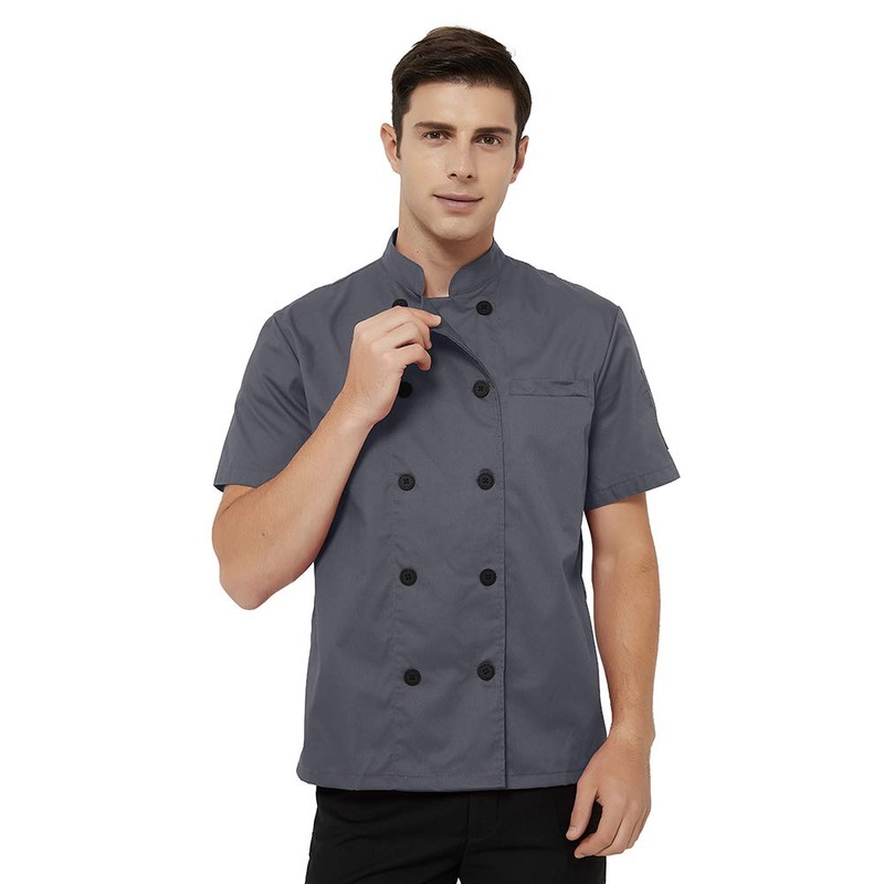 TopTie Short Sleeve Chef Coat Jacket Gray Lightweight Button Chef