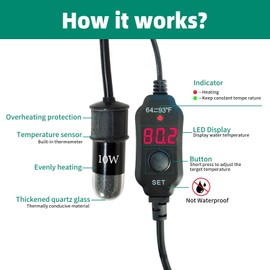 USB Adjustable 10W Mini Aquarium Heater Submersible Fish Tank Heater,Small Fish Tank Heater with LED Digital Display Thermostat, Betta Heater Turtle Heater for 1-2 Gallon Tanks