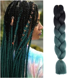 Braiding Hair Ombre Black to Deep Green Braid Hair Extensions Hot Water Setting High Temperature 24 Inches(B18-1Pack)