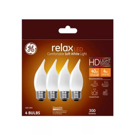 (4 Bulbs) GE 48263 Relax LED CAM Chandelier Decorative Bulbs, Bent tip, Medium Base, Dimmable, HD Light, 40 watt Equivalent, Comfortable Soft White Light, Frosted Finish