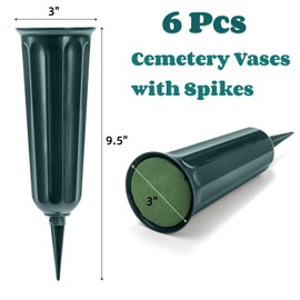Goaste 6 Pack Cemetery Vases with Foam Inserts, Memorial Floral Vases with Spikes, Grave Flower Holder Cones for Outdoor Use, Lawn Headstone Graveside Decoration, Fresh or Artificial Flowers, Green