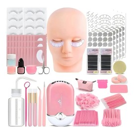 Kit de Extensiones de Pestañas Profesional Mink Rosa Plástico - Kit Lashista Profesional con Maniquí de Práctica + Accesorios Completos (Cepillos/Pinzas/Bolsa) para Principiantes Practicar Maquillaje