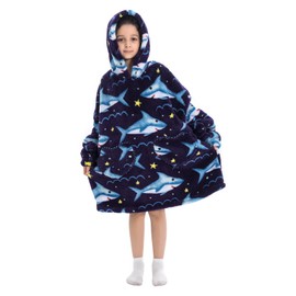 Wearable Blanket Hoodie for Kids 6-12YR Oversized Animal Hooded Blanket Super Soft Comfortable Warm Flannel Navy Shark