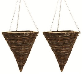 Fyne-Finds Set of 2 Cone 30cm, 12inch Dark Brown Wicker Hanging Basket Lined Rattan Willow Planter