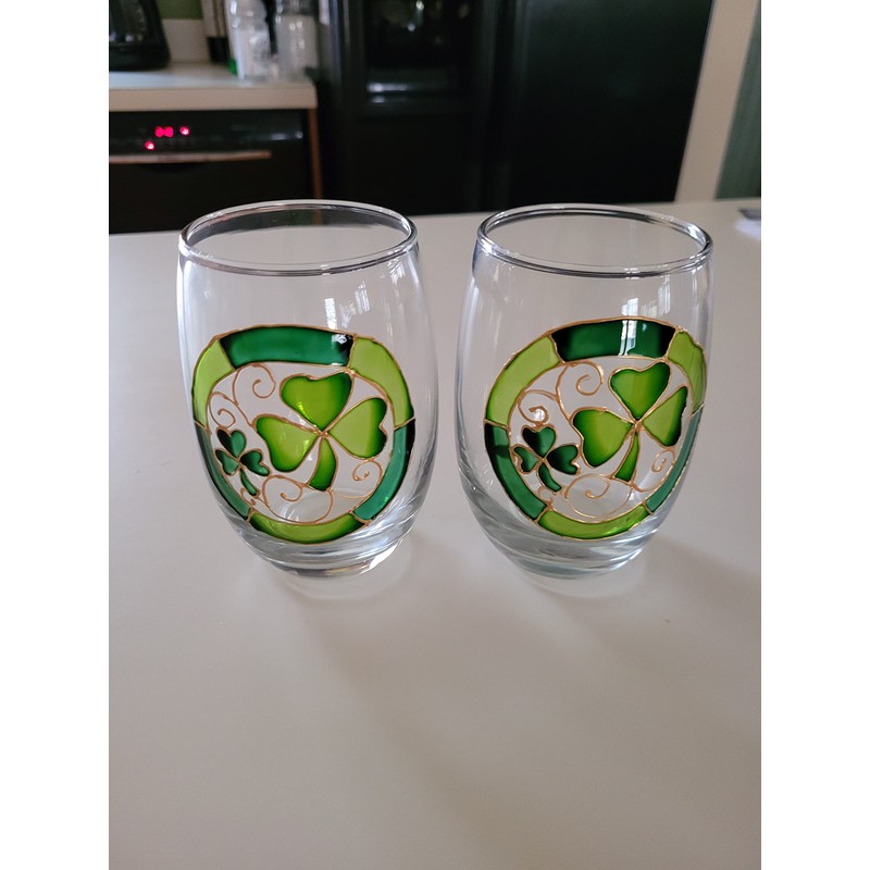 Lucky Green Shamrocks Hand Painted Stemless Wine Glasses Set of