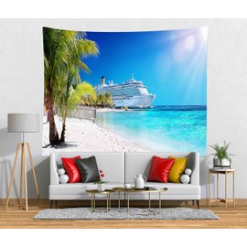 Loccor Cruise Ship Tapestry 118" x 78" Extra Large Caribbean Sea Palm Tree Coral Beach Tapestry Wall Hanging Tropical Island Summer Holiday Tapestries Wall Art for Bedroom Living Room Dorm Home Decor