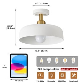 Bwxcie Modern Semi Flush Mount Ceiling Light,Mid Century Hallway Ceiling Light Fixture,E26 Ceramic Lamp Head,White and Gold Light Fxiture Ceiling for Kitchen Entryway Bedroom Hall Entry (12.6 in)