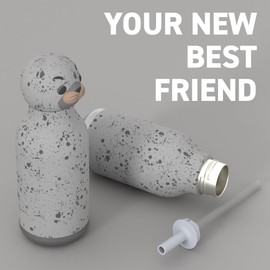 asobu Bestie Bottle Insulated Stainless Steel Water Bottle with Detachable Soft Animal Head Fun Drinking For Kids and Teens with Flexible Reusable Straw 16 Ounce (Seal White)