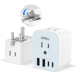 DIWILI US to India Travel Plug Adapter, Foldable India Power Adapter with 4 USB(2 USB C Port) and 2 AC Outlets Charger, Type D Adaptor for US to India Bangladesh Maldives Pakistan Sri Lanka(1 Pack)