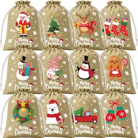 72Pcs Christmas Burlap Gift Bags with Drawstring, 5x7in Christmas Linen Treat Bags with Tag, Christmas Candy Bags Small Jute Goody Gift Bags Reusable Gift Wrapping Bags Xmas Holiday Party Favors Sacks