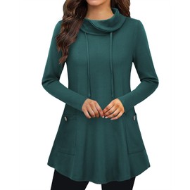 Bulotus Tunics for Women to wear with Leggings Long Sleeve Cowl Neck Sweaters, Dark Green, X-Large