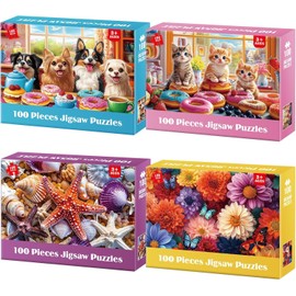 4-Pack Puzzles for Kids Ages 6-8 8-10 Year Old - Cats Dogs Starfish Flower, Large Piece Puzzle for Seniors Adults, 100 Pieces Puzzles for Kids Ages 4-6, Learning Educational Toys for Boys and Girls