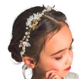 IYOU Flower Leaf Headpiece Gold Pearl First Communion Headband Crystal Floral Wedding Hair Accessories for Flower Girls and Bridesmaid