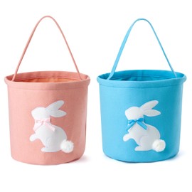 Ouksma 2 Pcs Embroidered Easter Basket with Handle for Egg Hunts, Easter Gifts, Easter Egg Collection, Gift (Pink and Blue)