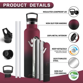 Vikastar Stainless Steel Water Bottle, Thermos Flask, 750 ml, BPA-Free Drinking Bottle, Thermos Bottle with Straw, Drinking Bottle for School, Sports, Bike, Camping, Red & Black