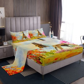 Eiffel Tower Bed Sheets Twin Size Retro Paris Decor Bedding Set For Kids Girls Women Valentine'S Day Gift Cherry Blossoms Floral Fitted Sheet Watercolor Paris Theme Flat Sheet Bedroom Home Decor 3Pcs