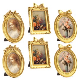Beeveer 6 Pcs Vintage Small Gold Picture Frames Antique Resin Photo Frame Set with Glass Backboard for Tabletop Display or Wall Hanging Ornate Baroque Decor for Home Wedding Gallery Hotel(Elegant)