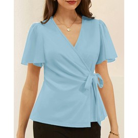 GRACE KARIN Women Short Sleeve Dressy Tops 2024 Wrap Trendy Elegant Office Solid Ruched Shirts Blouse Light Blue S