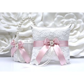 Flower Girl Basket and Ring Bearer Pillow Set in Ivory and Dusty Rose Color