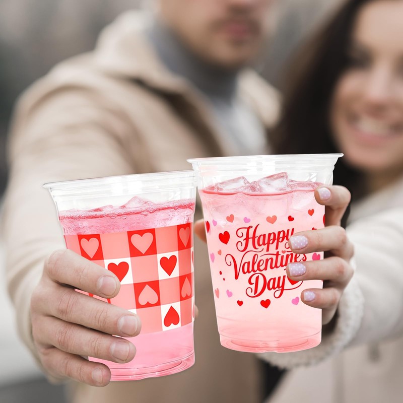 YISKUOPU 50Pcs Valentines Plastic Cups, 12oz Red Pink Valentines Day