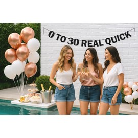 PartyForever 0 to 30 Real Quick – Black Glitter Banner for 30th Birthday Decorations | Pre-Strung, 6.3 Inch Tall Letters | Funny Birthday Banner for Her or Him | 300GSM Cardstock