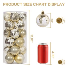 RoseCraft 2.36"/60mm Hand-Printed Christmas Ball Ornaments Set，24PCS Shatterproof Christmas Tree Decor Decorative Set, for Home, Holiday, Thanksgiving Xmas Hanging Decortions - Champagne.