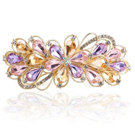 Sppry Large Gorgeous Rhinestone Hair Barrette for Women, Flower Jewelry Design (Champagne & Purple)