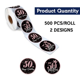 REWIDPARTY Rose Gold 50th Birthday Sticker Rolls (500 PCS) - Happy 50th Birthday & Fabulous Round Stickers for Party Decorations