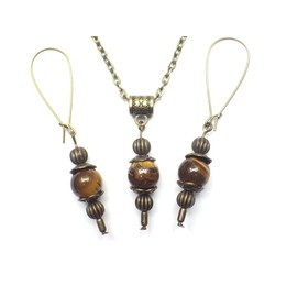 Vintage Style Ladies Necklace and Earring Jewelry Set in Brown Tiger Eye