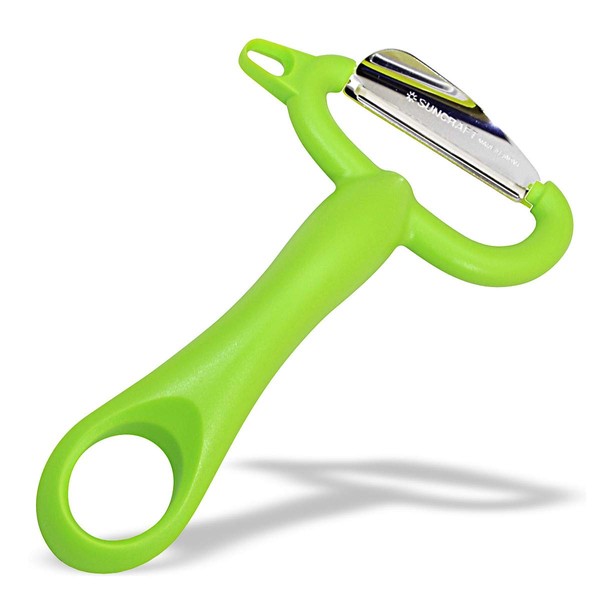 Seki Japan Vegetable Peeler, special designed stainless steel blade makes peeling into curly shape, built-in potato-eye remover, green handle, for vegetables and fruits