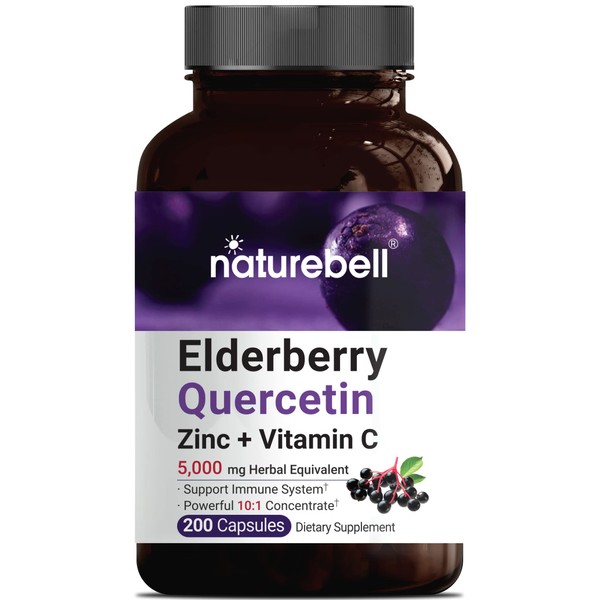 Sambucus Elderberry Capsules, 5000mg Herbal Equivalent, with Quercetin 500mg, Zinc and Vitamin C, 200 Capsules, 4 in 1 Formula, Support Immune System, Premium Elderberry Zinc Quercetin Supplements
