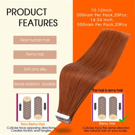 Full Shine Human Hair Extensions Tape in Color 550 Copper Remy Tape in Hair Extensions 10Inch Short Seamless Invisible Adhesive Skin Weft for Natural Look 30G 20Pcs Add Volume for Party