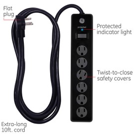 GE 6-Outlet Surge Protector, 10 Ft Extension Cord, Power Strip, 600 Joules, Twist-to-Close Safety Covers, Protected Indicator Light, UL Listed, Black, 37442