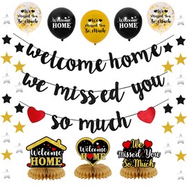 Roetyce Welcome Home Decorations, Black Gold We Missed You So Much Banner Balloons Honeycomb Centerpieces Kit Men Women, Welcome Back Party Supplies Backdrop for Family Military Army