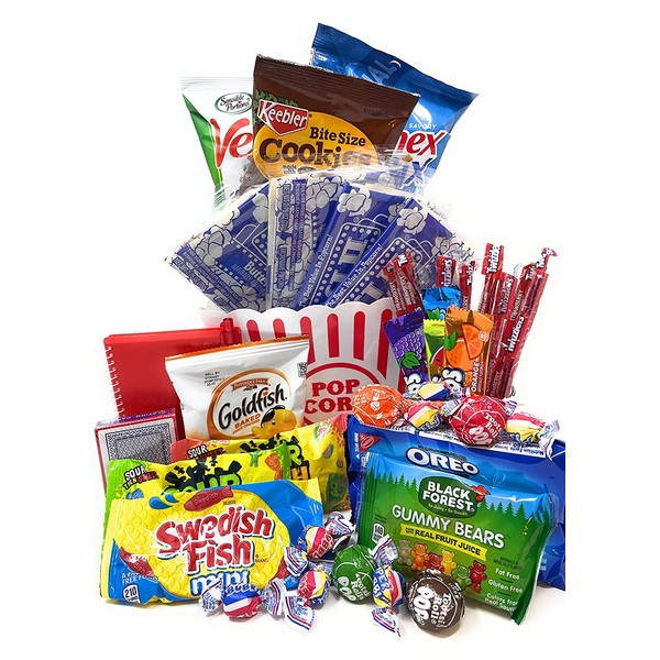 Movie and Game Night Gift Basket Care Package - Popcorn, Candy, Cookies Gift for Valentine's Day, Easter Basket, College Students - 40+ Piece Bundle