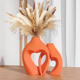Heart Shaped Ceramic Vase Set of 2 for Minimalist Decor, Table Centerpiece, Wedding, Dining, Living Room, Office & House Decoration - Colour: Orange