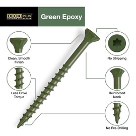 Deck Plus 3-1/2 Inch Epoxy Coated Exterior Wood and Fence Screws #10 x 3-1/2" Torx/Star Drive Included Coarse Thread, Outdoor Rust Resistant Decking Screw, Green, 5lb Box, 275 Pieces | 48408