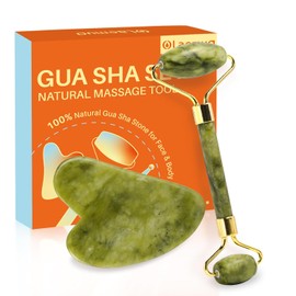 Jade Gua Sha y rodillo facial, juego de herramientas faciales con piedra Gua-Sha de jade real para reducir la hinchazón, cuidado corporal
