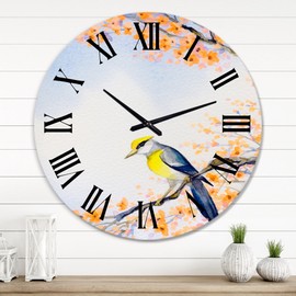 Designart 'Beautiful Blue Bird On Flowering Branch II' Traditional wall clock - 16 in. high, 16 In. Wide
