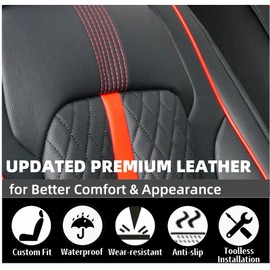 FiveFox Fit CRV Car Seat Covers (Front Pair) for Select Honda CRV CR-V 2011-2024 2025 - Full Coverage Leather, Waterproof & All Weather Seat Cushion Protector, Black with Red Trim
