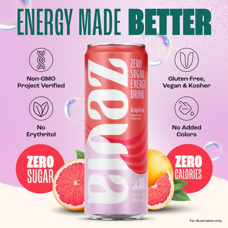 Zevia Zero Sugar Energy Drink, Grapefruit, 12 oz Cans (12-Pack)