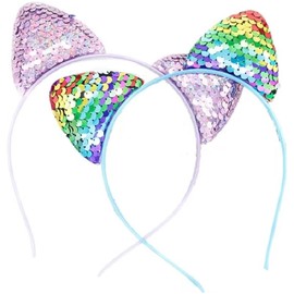 2 Pcs Reversible Sequin Cat Ears Headband, Glitter Headband Hair Metal Hoop Hair Accessories Bling Cute Cat Hairbands for Women Girls Daily Wearing and Party Decoration (Color+Pink, One size)
