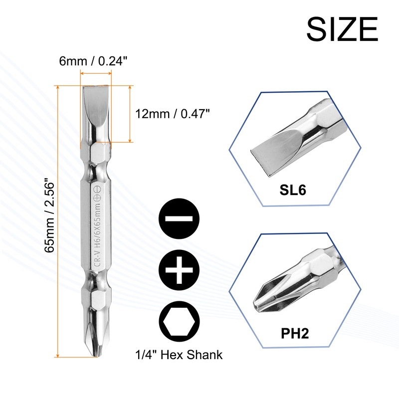 sourcing map Magnetic Double Ended Screwdriver Bit 6mm PH2/SL6 2.56"/65mm
