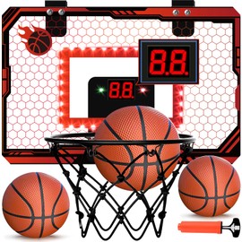 Mini Basketball Hoop Indoor, Over The Door Basketball Hoops with Led Lighting, Mini Hoop with Electronic Scoreboard & 3 Balls, Outdoor, Red, Sports Toys Gifts for 5 6 7 8 9 10 11 12+ Year Old Boys