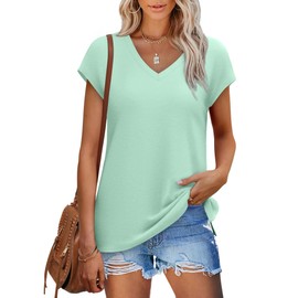 Womens Short Sleeve Summer Tops Trendy Tank Tops V Neck Loose Fit Shirts Lake Green XL