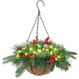 winemana Pre-Lit Artificial Christmas Hanging Basket Outdoor Decoration with Pine Cones & Red Berry Clusters, Battery Powered with Timer Lighted Branches Faux Plants for Outside Porch Front Door