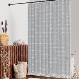 Colorigan Boho Farmhouse Shower Curtain - 72x84 Inches Linen Rustic Fabric Shower Curtain Set with Tassel, Water Repellent Cloth, Modern Bohemian Chic Country Bathroom Shower Curtains Set