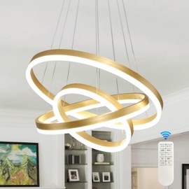 Mccokaige Modern Gold Led Chandelier 3 Rings Gold Dimmable LED Chandeliers Light Fixture for Kitchen Island Height Adjustable Chandelier Led Pendant Light for Dining Room Bedroom Living Room