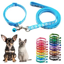 Dog Collar and Leash Set with Bell,Blue Nylon Paw Cat Collar Girl Female Cute Fancy Puppy Collar with Bells for XXS XS Tiny Little Kitten Boys Pet Dogs,Neck 7-12 Inch