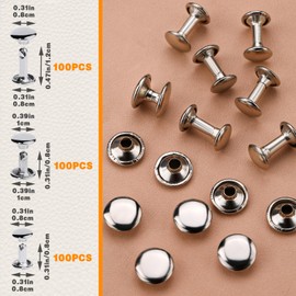 300 Sets Rivets,3 Sizes Double Round Cap Leather Rivets,Tubular Metal Studs for Leather Craft Repairs Decoration(Sliver)